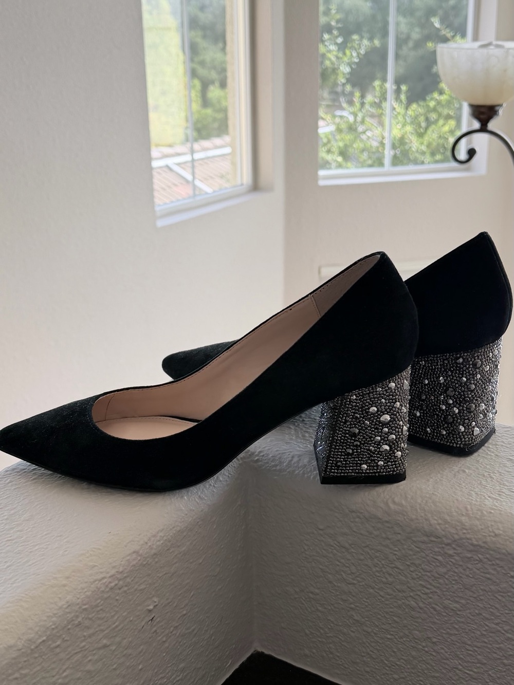 PAIGE Black Suede Pointed Toe Pumps with Jeweled Block Heel